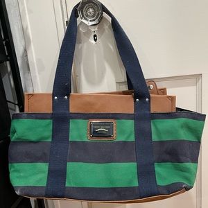 Green and navy blue striped Tommy Hilfiger bag with brown leather bottom